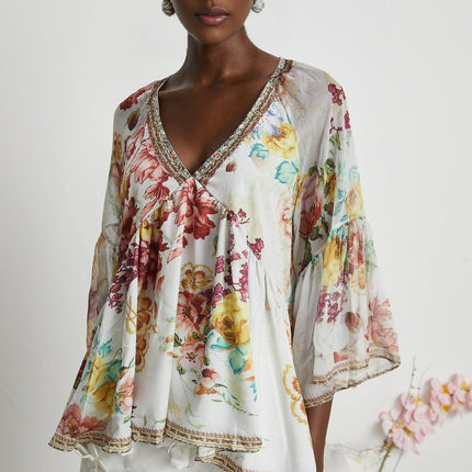 Yvonne White Floral Tulle V-neck Blouse Multicolor