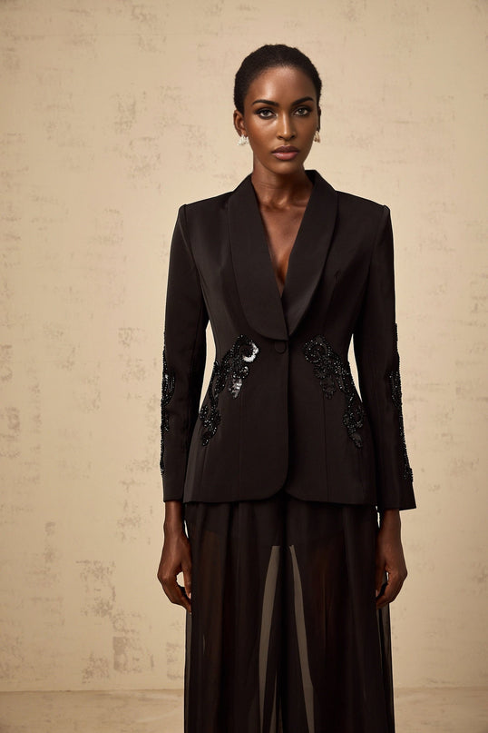 Zaira Black Sequin Embellished Blazer Trousers Set