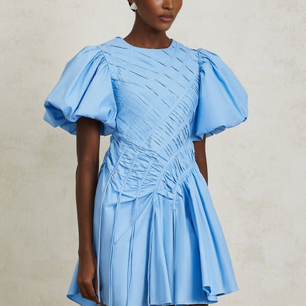 Zaira Blue Cotton Mini Dress with Short Puff Sleeves and Ruched Detailing