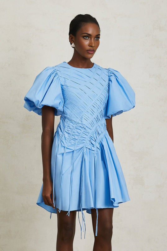 Zaira Blue Cotton Mini Dress with Short Puff Sleeves and Ruched Detailing