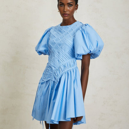 Zaira Blue Cotton Mini Dress with Short Puff Sleeves and Ruched Detailing
