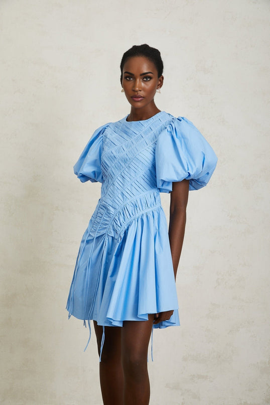 Zaira Blue Cotton Mini Dress with Short Puff Sleeves and Ruched Detailing