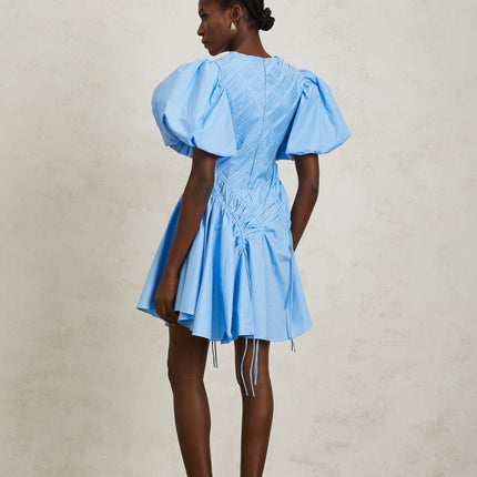 Zaira Blue Cotton Mini Dress with Puff Sleeves and Ruched Detailing