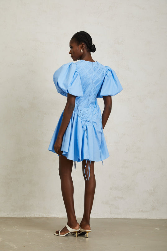 Zaira Blue Cotton Mini Dress with Puff Sleeves and Ruched Detailing