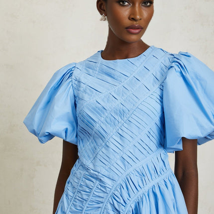 Zaira Blue Cotton Mini Dress with Puff Sleeves and Ruched Detailing