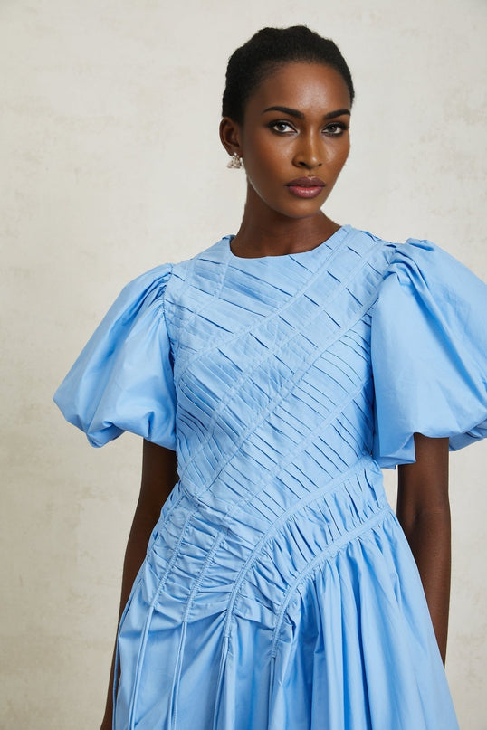 Zaira Blue Cotton Mini Dress with Puff Sleeves and Ruched Detailing
