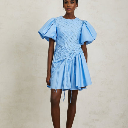 Zaira Blue Cotton Mini Dress with Puff Sleeves and Ruched Detailing