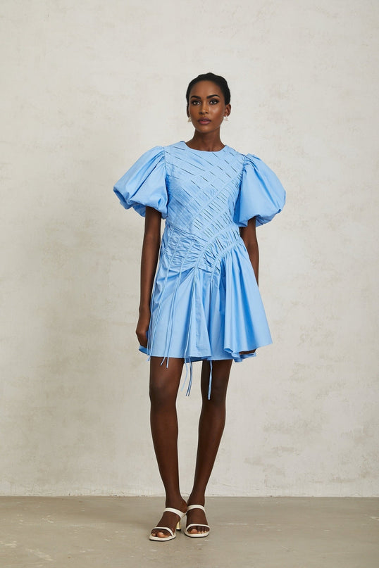 Zaira Blue Cotton Mini Dress with Puff Sleeves and Ruched Detailing