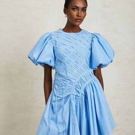 Zaira Blue Cotton Mini Dress with Short Puff Sleeves and Ruched Detailing