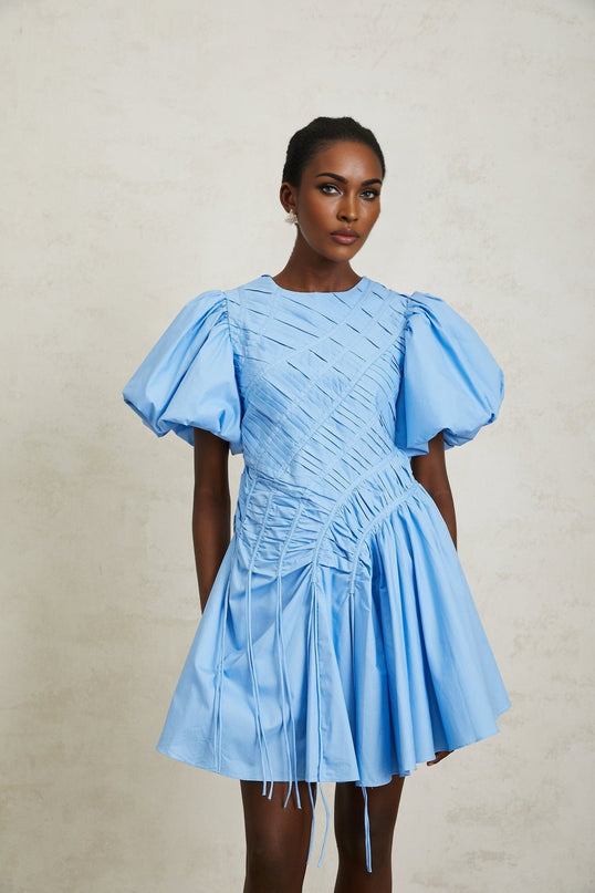 Zaira Blue Cotton Mini Dress with Short Puff Sleeves and Ruched Detailing