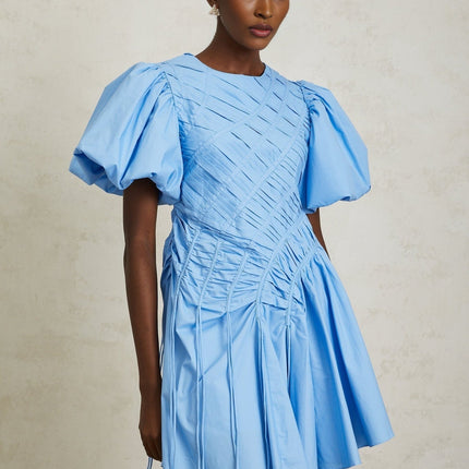 Zaira Blue Cotton Mini Dress with Puff Sleeves and Ruched Detailing