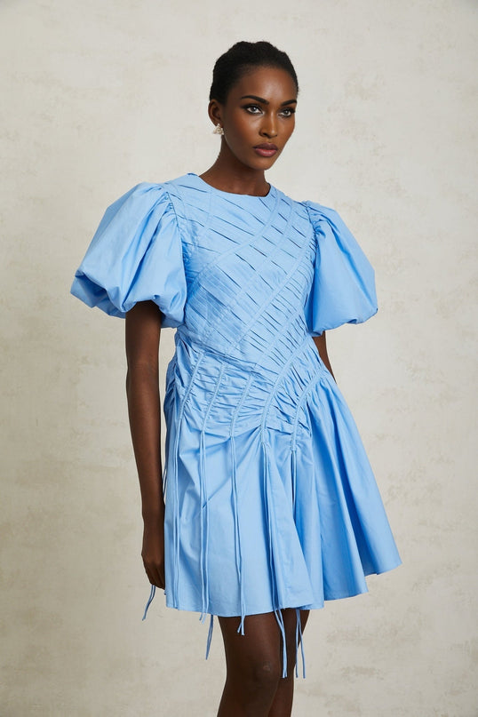 Zaira Blue Cotton Mini Dress with Puff Sleeves and Ruched Detailing