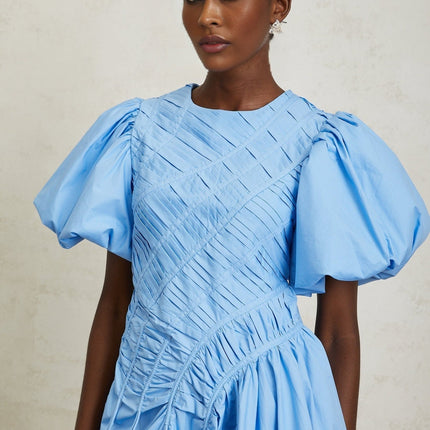Zaira Blue Cotton Mini Dress with Puff Sleeves and Ruched Detailing