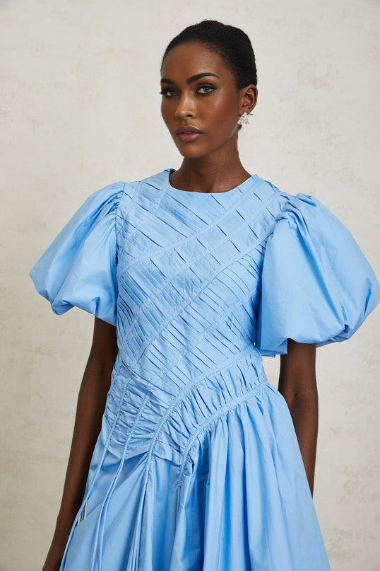 Zaira Blue Cotton Mini Dress with Puff Sleeves and Ruched Detailing