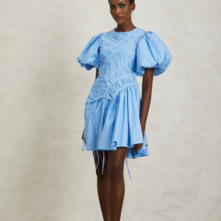 Zaira Blue Cotton Mini Dress with Puff Sleeves and Ruched Detailing