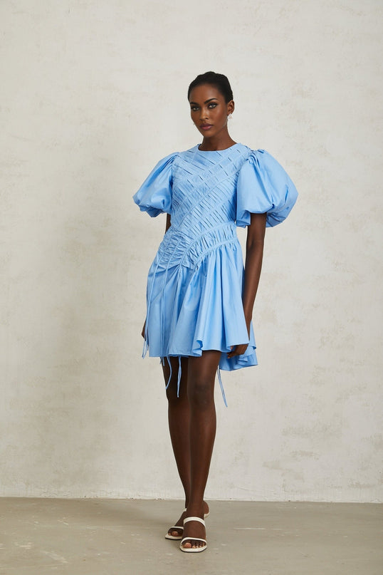 Zaira Blue Cotton Mini Dress with Puff Sleeves and Ruched Detailing