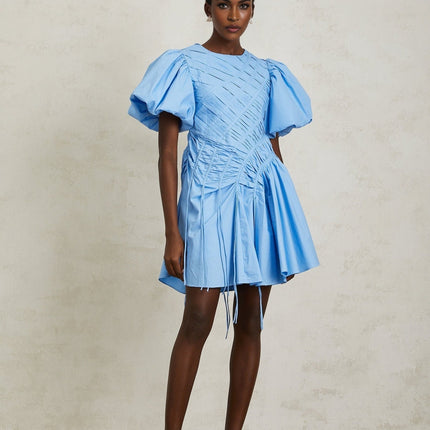 Zaira Blue Cotton Mini Dress with Puff Sleeves and Ruched Detailing