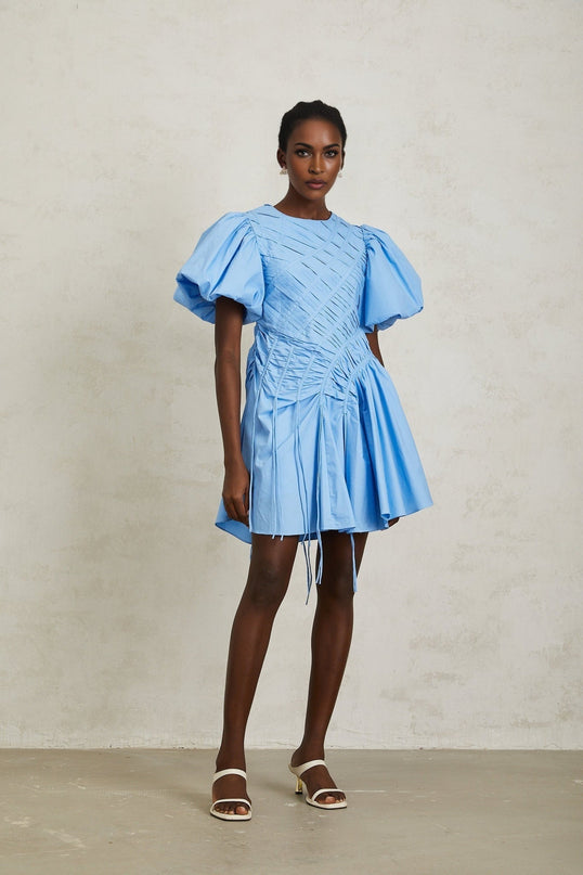 Zaira Blue Cotton Mini Dress with Puff Sleeves and Ruched Detailing