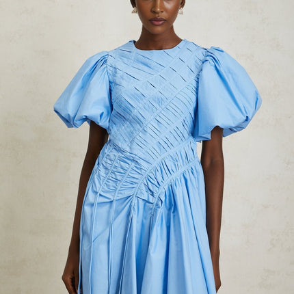 Zaira Mini Dress in Blue 100% Cotton Short Puff Sleeves Round Neck Ruched Detailing Fitted Waistline Drawstring Hem Shirred Panel Rear Zip Fastening Thigh-Length High-End Fashion