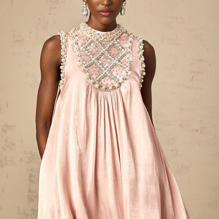 Zaira Pink Mini Dress with Sequin, Crystal, and Faux-Pearl Embellishments