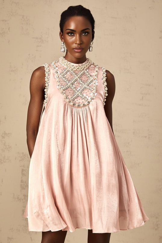 Zaira Pink Mini Dress with Sequin, Crystal, and Faux-Pearl Embellishments