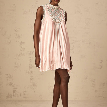 Zaira Pink Mini Dress with Sequin, Crystal, and Faux-Pearl Embellishments