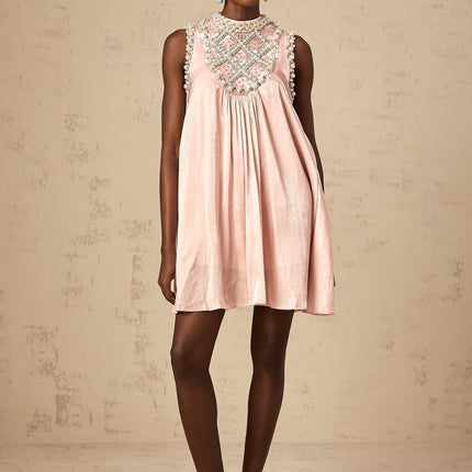 Zaira Pink Mini Dress with Sequin, Crystal, and Faux-Pearl Embellishments