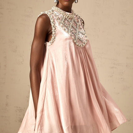 Zaira Pink Mini Dress Sequin Crystal Faux-Pearl Embellishments Pleated Detailing A-Line Cut