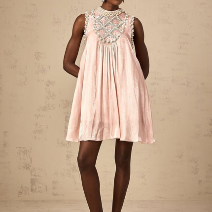 Zaira Pink Mini Dress with Sequin, Crystal, and Faux-Pearl Embellishments