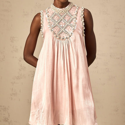 Zaira Pink Mini Dress with Sequin, Crystal, and Faux-Pearl Embellishments