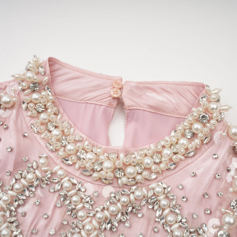 Zaira Pink Mini Dress with Sequin, Crystal, and Faux-Pearl Embellishments