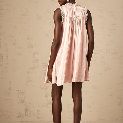 Zaira Pink Mini Dress with Sequin, Crystal, and Faux-Pearl Embellishments