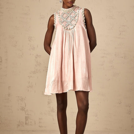 Zaira Pink Mini Dress sequin crystal faux-pearl embellishments pleated crew neck sleeveless A-line cut Triacetate Polyester Cotton luxury