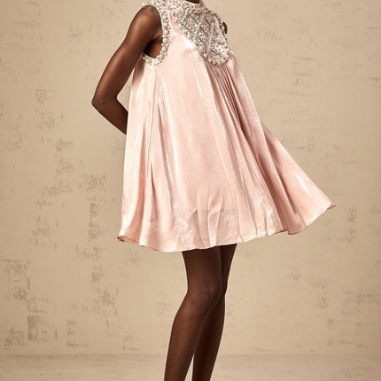 Zaira Pink Mini Dress with Sequin, Crystal, and Faux-Pearl Embellishments