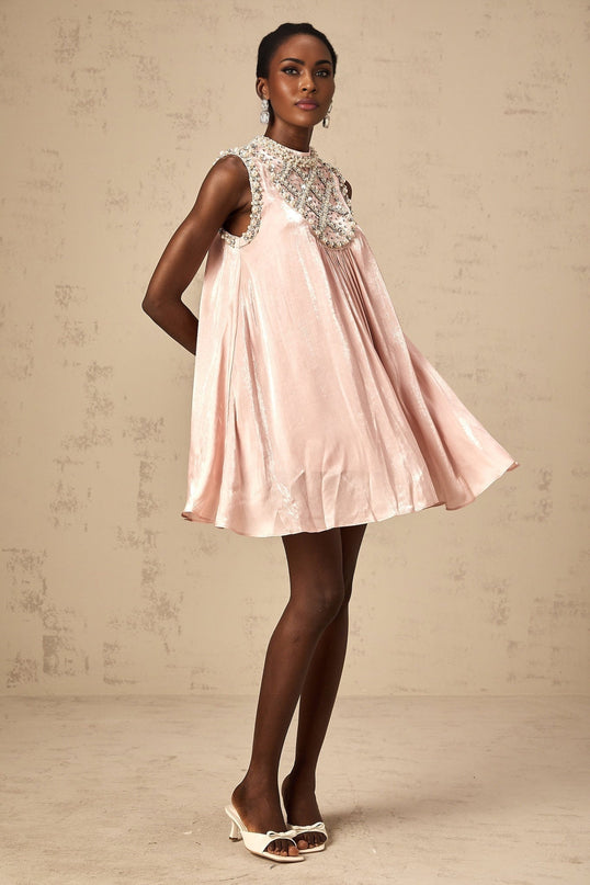 Zaira Pink Mini Dress with Sequin, Crystal, and Faux-Pearl Embellishments