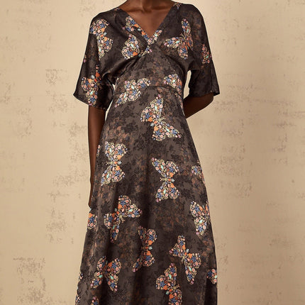 Zara Black Butterfly Print Maxi Dress with V-Neck and Short Sleeves