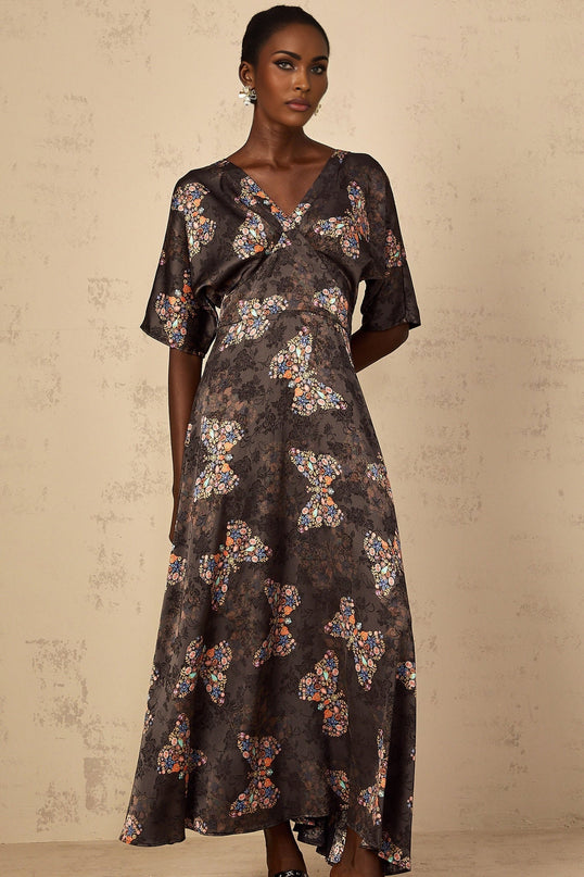 Zara Black Butterfly Print Maxi Dress with V-Neck and Short Sleeves