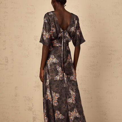 Zara Black Butterfly Print Maxi Dress in Multicolor Palette 100% Rayon V-Neck Short Sleeves Fitted Waistline Self-Tie Design Rear Zip Fastening Flared Skirt Elegant Charm Sophistication Timeless Piece Refine Luxury Special Occasions Daytime Looks Versatile Graceful Silhouette Captivating Allure Whimsical Touch Statement Piece Zara