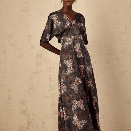 Zara Black Butterfly Print Maxi Dress with V-Neck and Short Sleeves