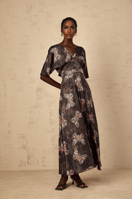 Zara Black Butterfly Print Maxi Dress with V-Neck and Short Sleeves