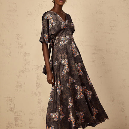 Zara Black Butterfly Print Maxi Dress with V-Neck and Short Sleeves