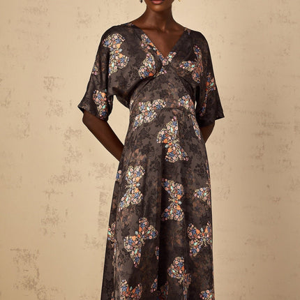 Zara Black Butterfly Print Maxi Dress Multicolor V-Neck Short Sleeve Self-Tie Rayon Elegant Charm Flared Skirt Special Occasions Daytime Luxury Zara