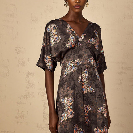 Zara Black Butterfly Print Maxi Dress 100% Rayon Short Sleeve V-Neck Self-Tie Rear Zip Fitted Waistline Flared Skirt Elegant Charm Sophisticated Special Occasion Daytime Look Refine Luxury Versatile Timeless Piece