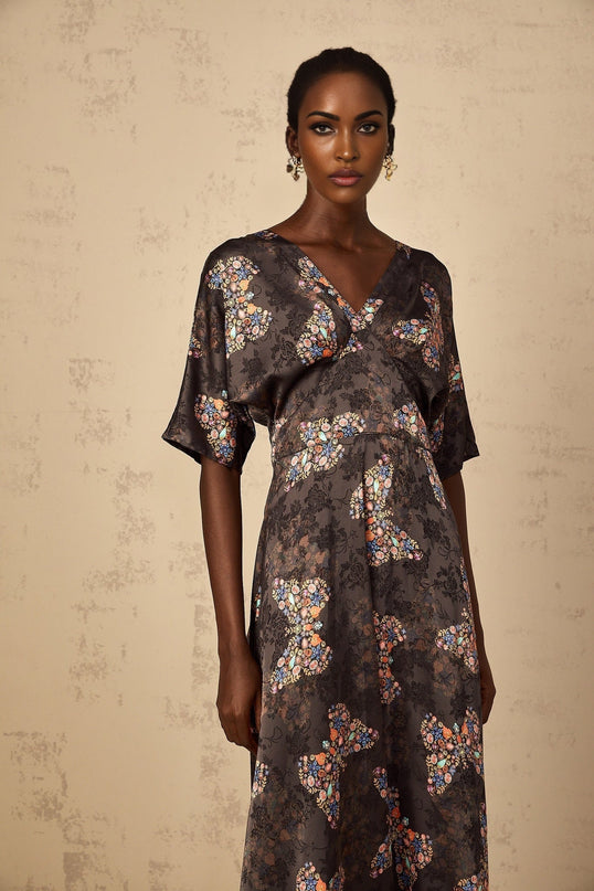 Zara Black Butterfly Print Maxi Dress 100% Rayon Short Sleeve V-Neck Self-Tie Rear Zip Fitted Waistline Flared Skirt Elegant Charm Sophisticated Special Occasion Daytime Look Refine Luxury Versatile Timeless Piece