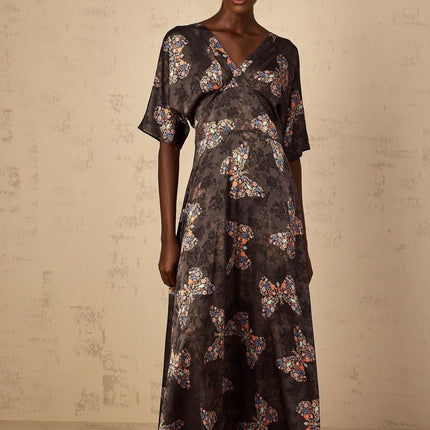 Zara Black Butterfly Print Maxi Dress with V-Neck and Short Sleeves