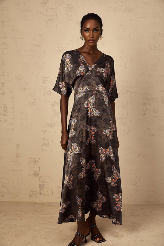Zara Black Butterfly Print Maxi Dress with V-Neck and Short Sleeves