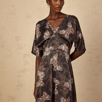 Zara Black Butterfly Print Maxi Dress in Multicolor Palette Short Sleeves V-Neck Self-Tie Design Rear Zip Fastening 100% Rayon Elegant Charm