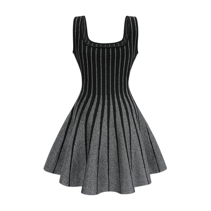 Zara Black Glitter Mini Dress Silver Stripe Flared Skirt Stretch Jersey Polyamide
