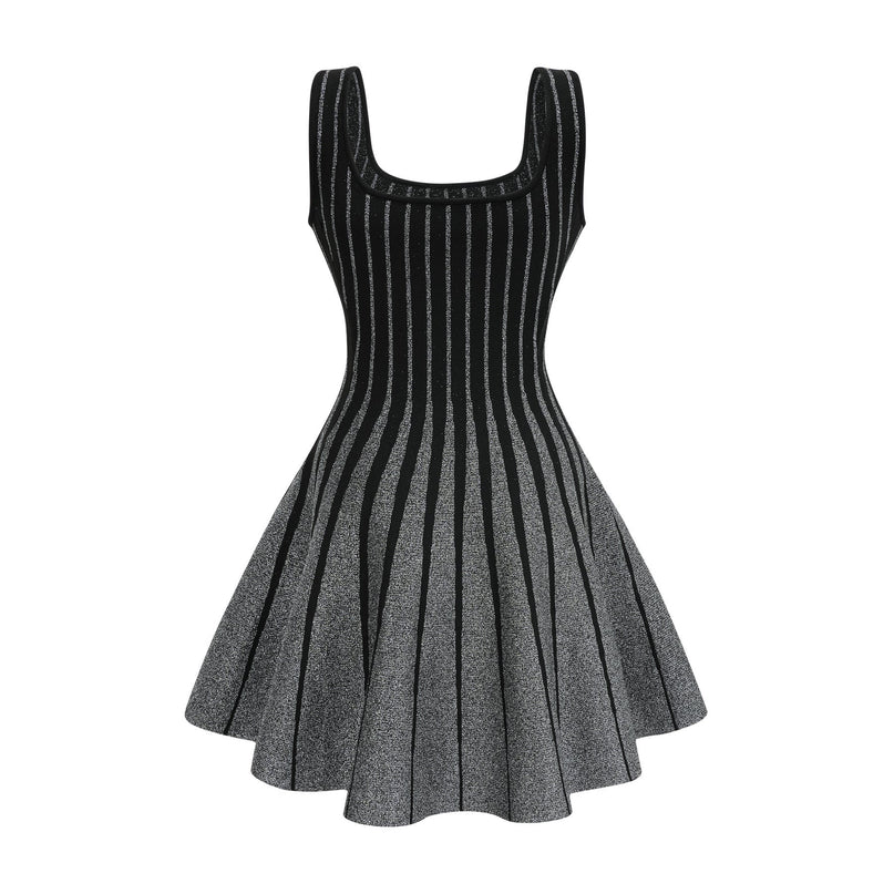 Zara Black Glitter Mini Dress Silver Stripe Flared Skirt Stretch Jersey Polyamide
