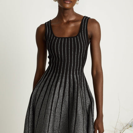 Zara Black Glitter Mini Dress Silver Textured Vertical Stripe Flared Skirt Stretch Jersey Thigh-Length